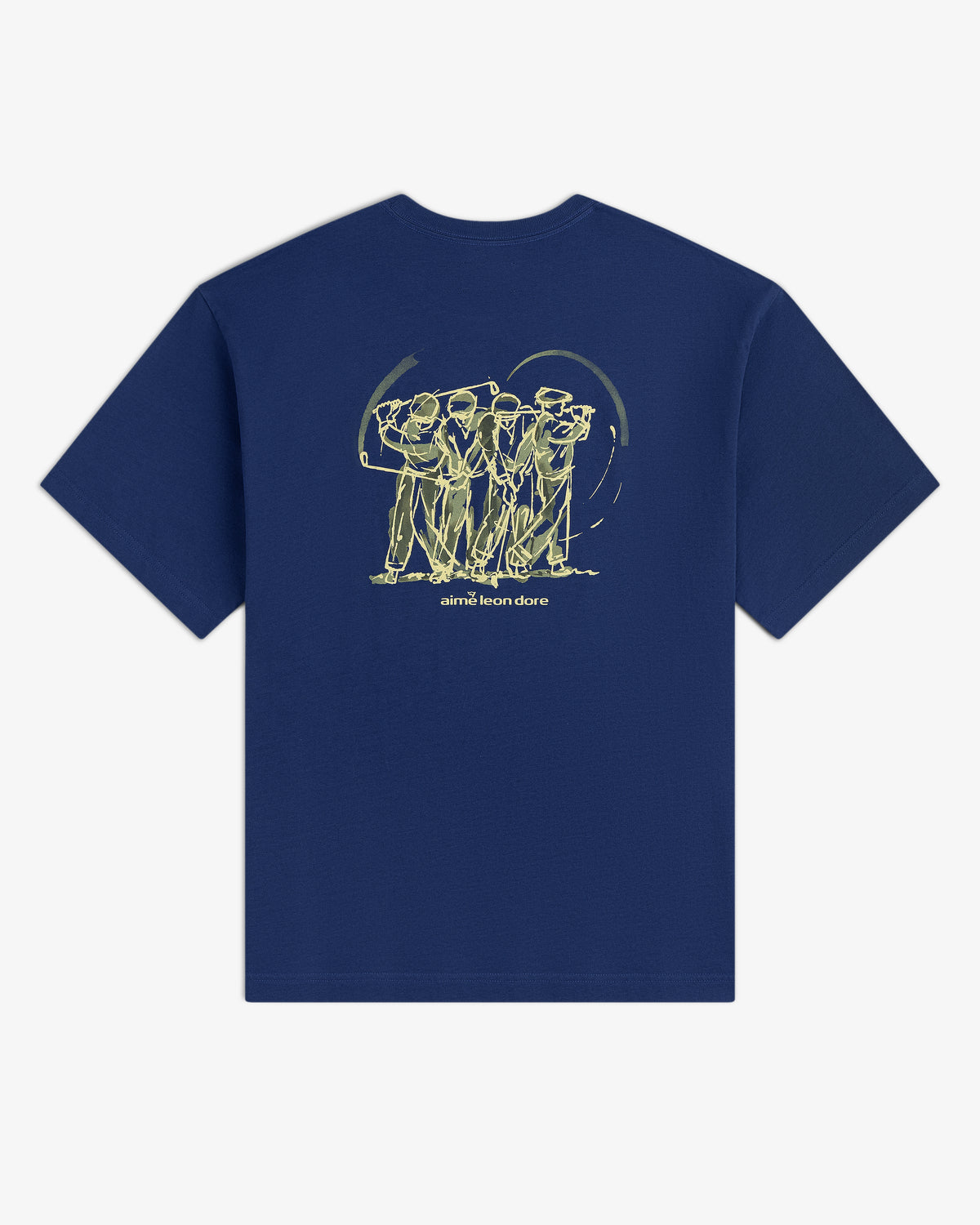 Navy ALD Golf Swing Tee featuring a yellow golfer line drawing and "aimé leon dore" text on the back.