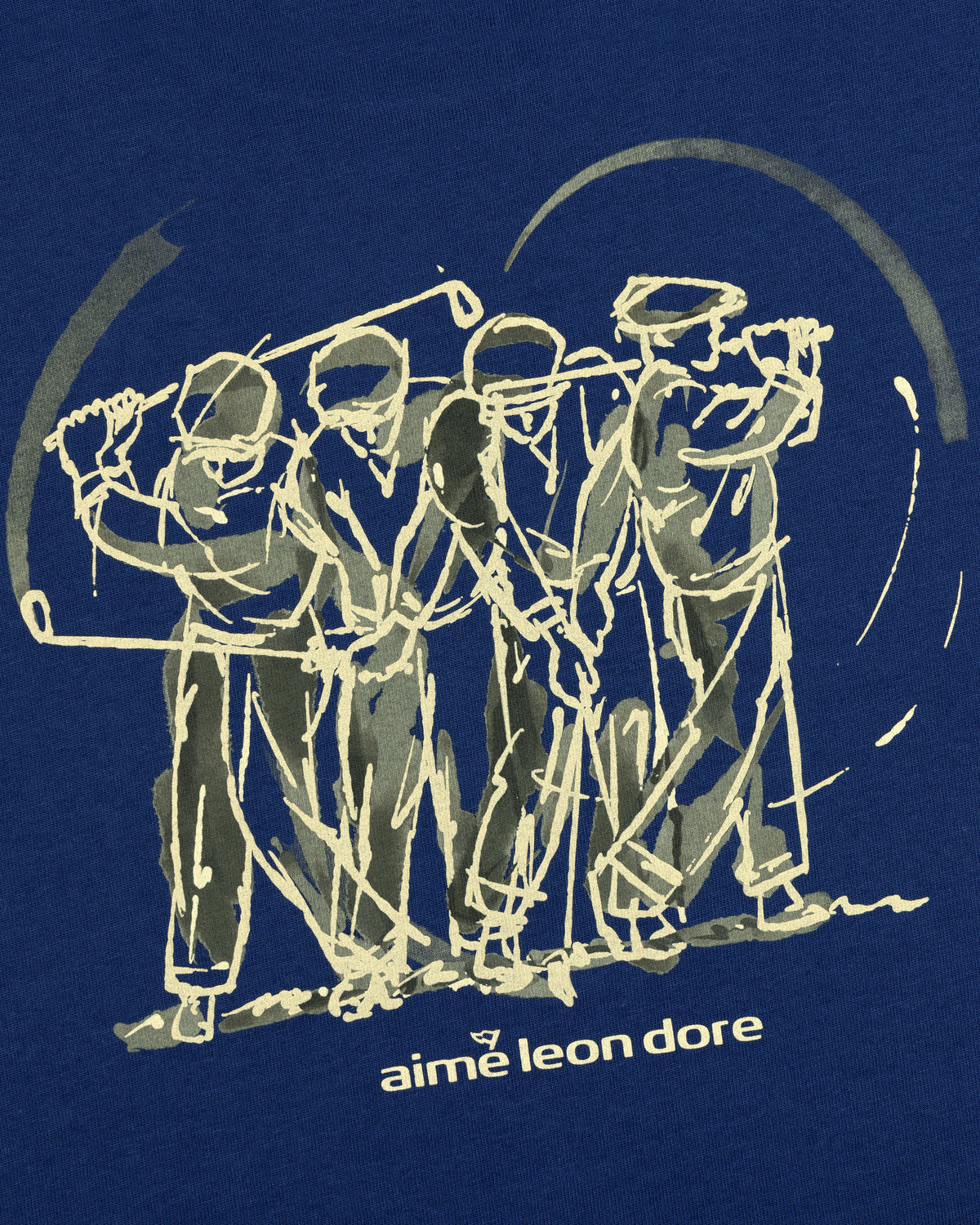 Line drawing of four golfers swinging clubs above “Aime Leon Dore” text on the blue ALD Golf Swing Tee.