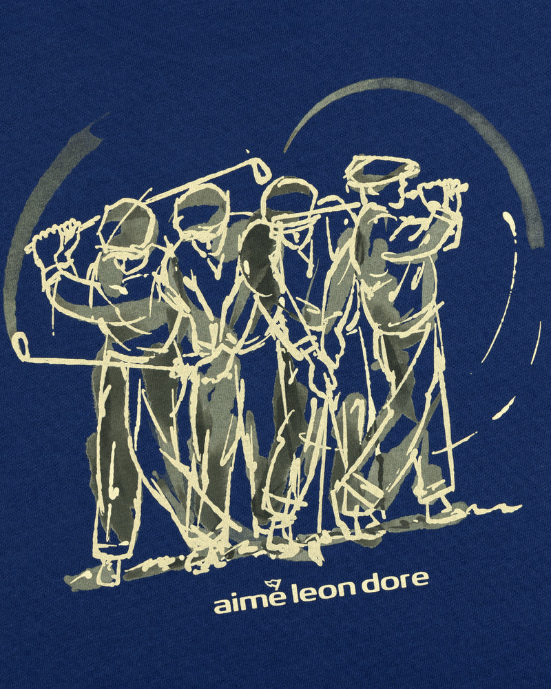 Line drawing of four golfers swinging clubs above “Aime Leon Dore” text on the blue ALD Golf Swing Tee.