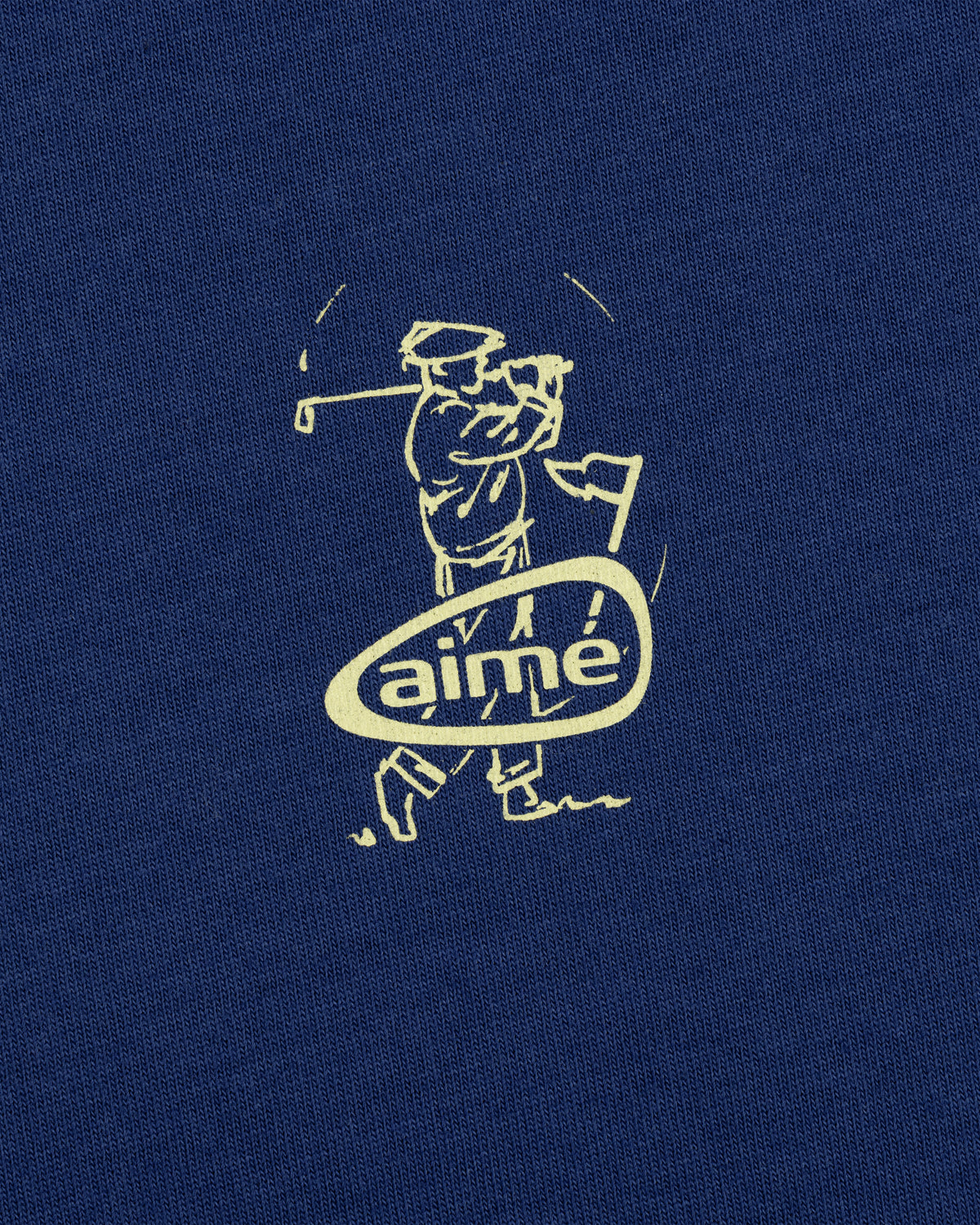 Line drawing of a golfer swinging on blue fabric, with "ALD Golf Swing Tee" in an oval below.