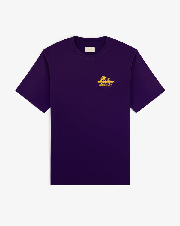 Sun Faded Unisphere Tee—a purple short-sleeve tee with a small yellow graphic and text on the left chest.