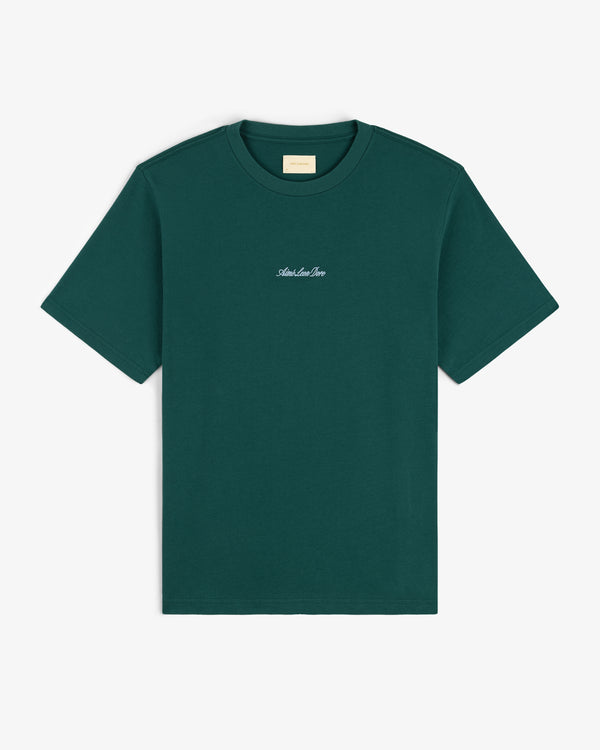 Dark green Embroidered Logo Tee with small white chest text, shown on a white background.