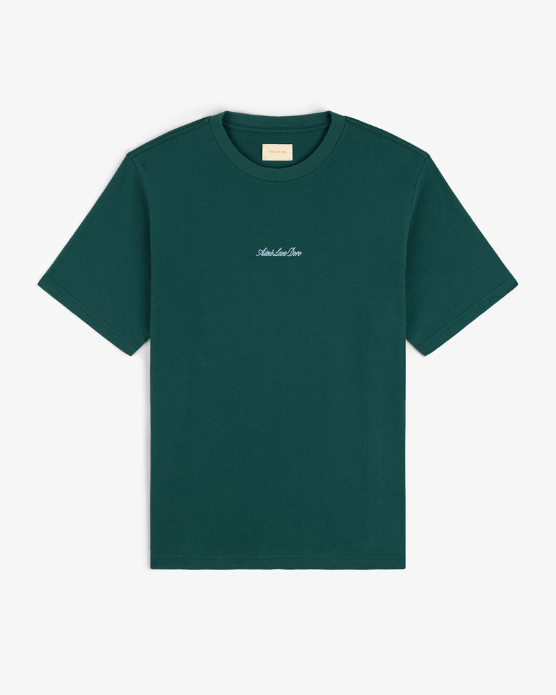 Dark green Embroidered Logo Tee with small white chest text, shown on a white background.