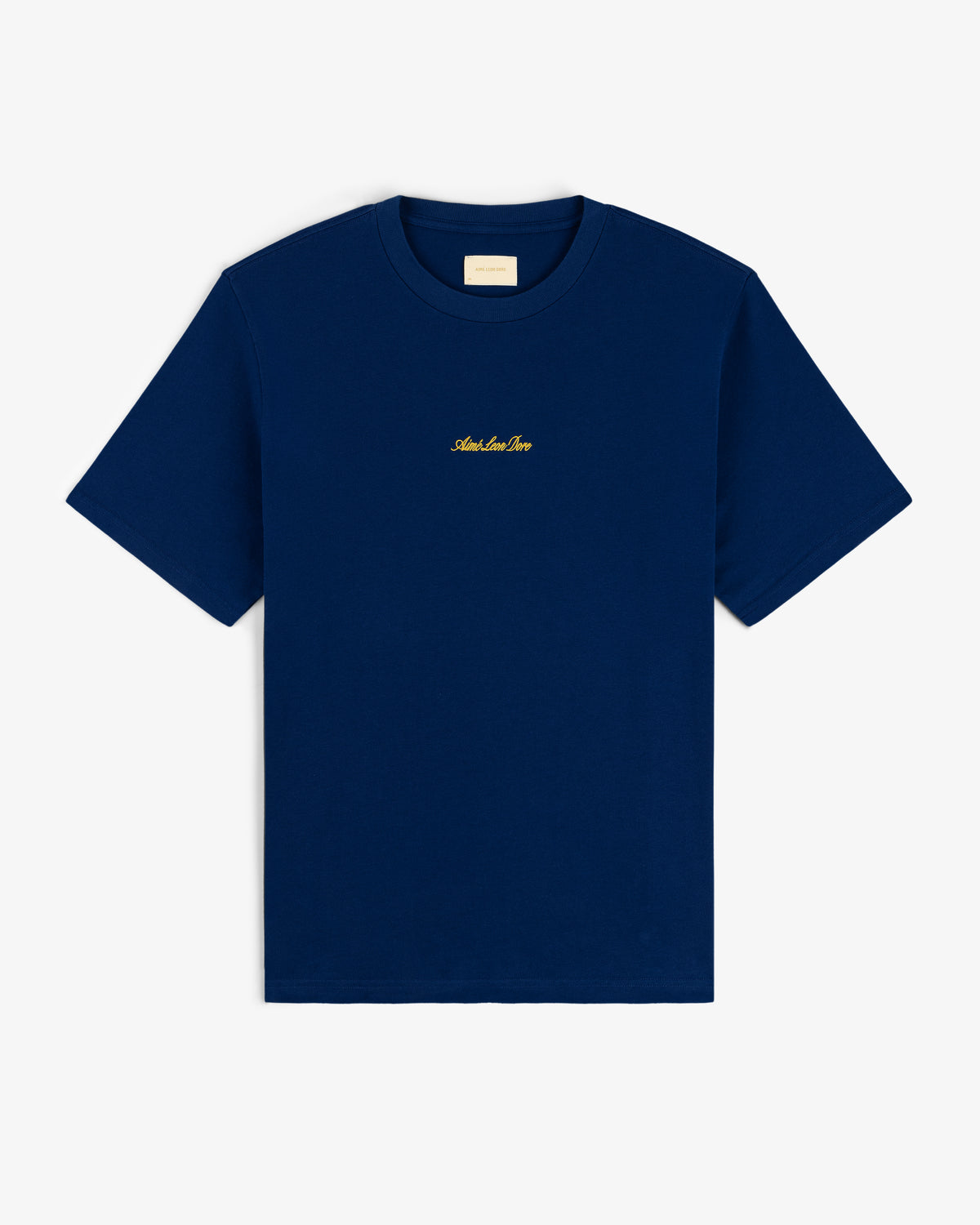 Navy Embroidered Logo Tee with short sleeves and small gold text centered on the chest.