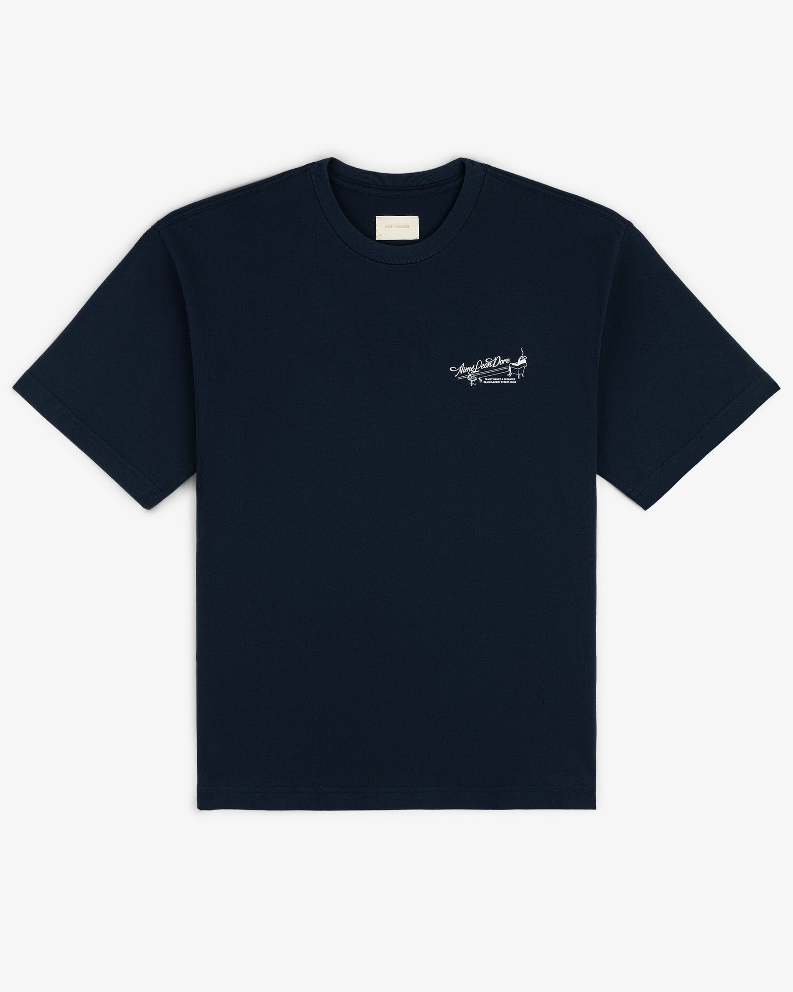 Pappoús Logo Tee: navy blue short-sleeve t-shirt with a small white graphic and text on the left chest.