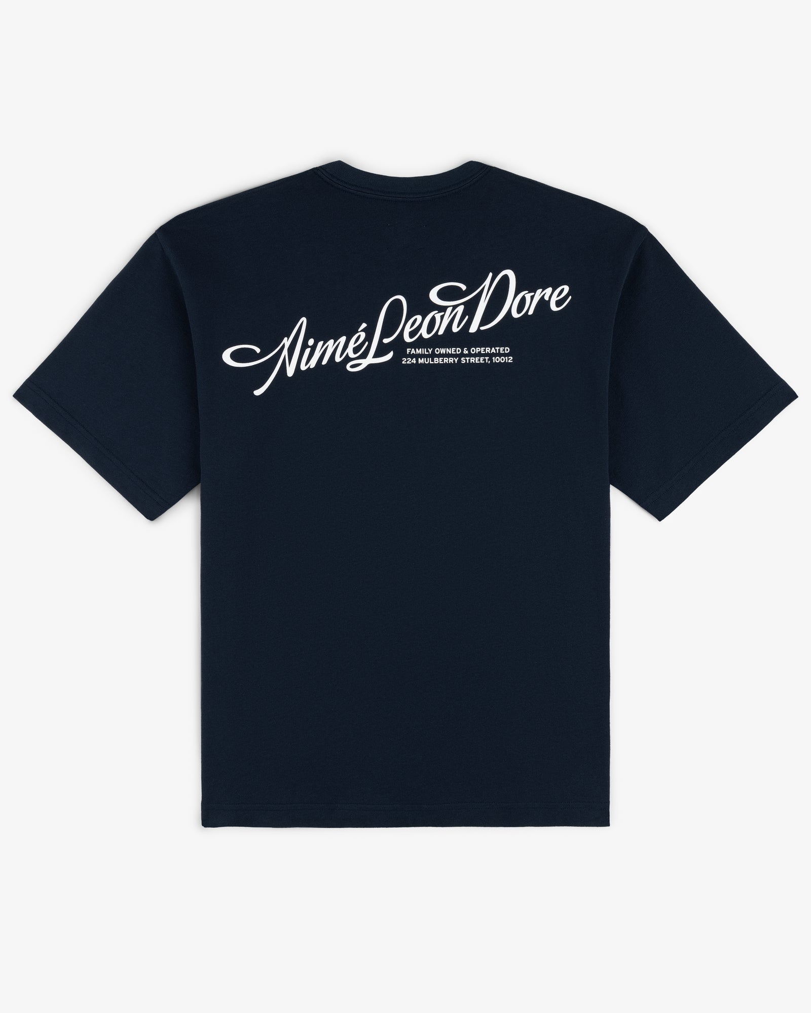 Navy blue Pappoús Logo Tee by Aimé Leon Dore with small white script text on the upper back.