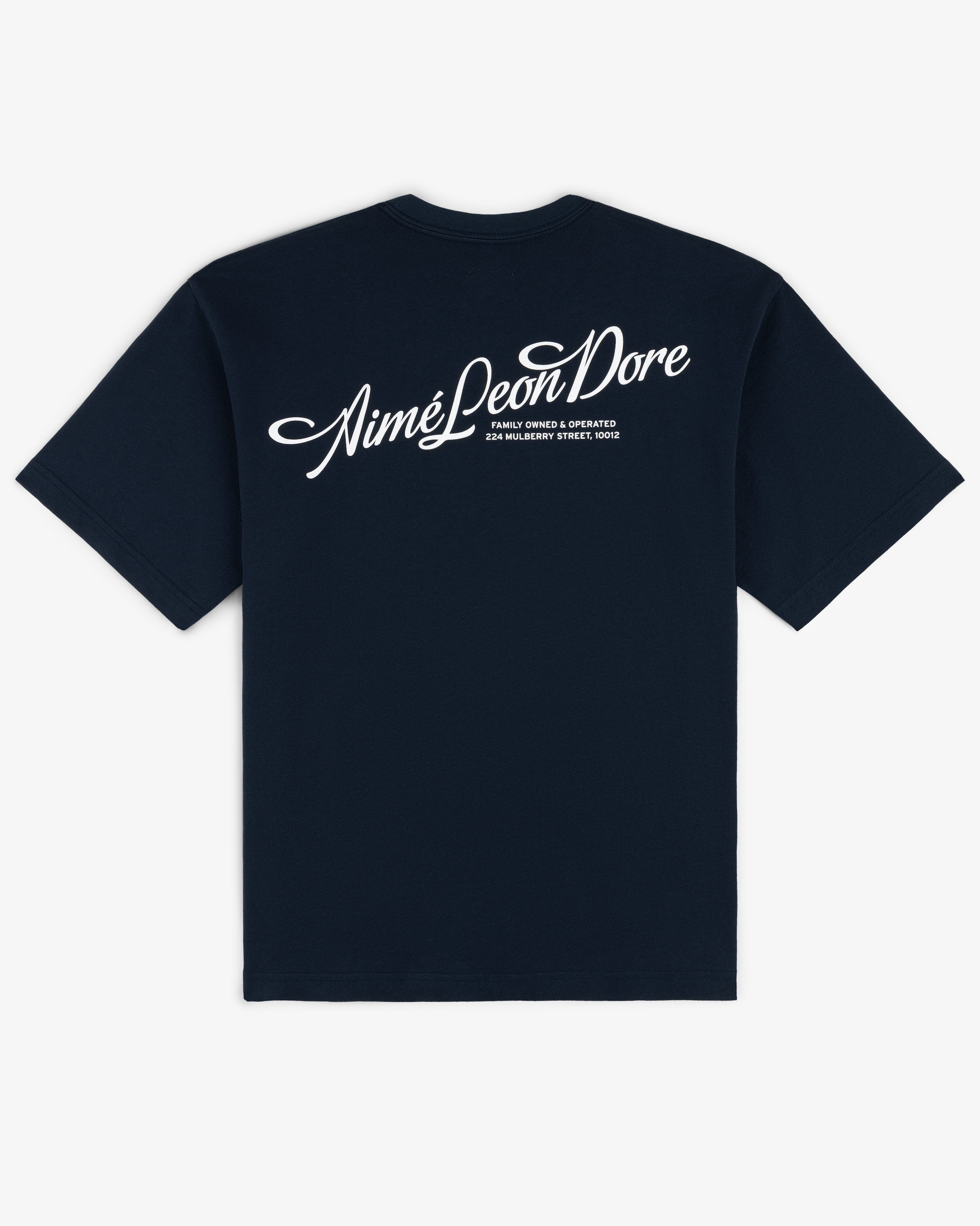 Navy blue Pappoús Logo Tee by Aimé Leon Dore with small white script text on the upper back.