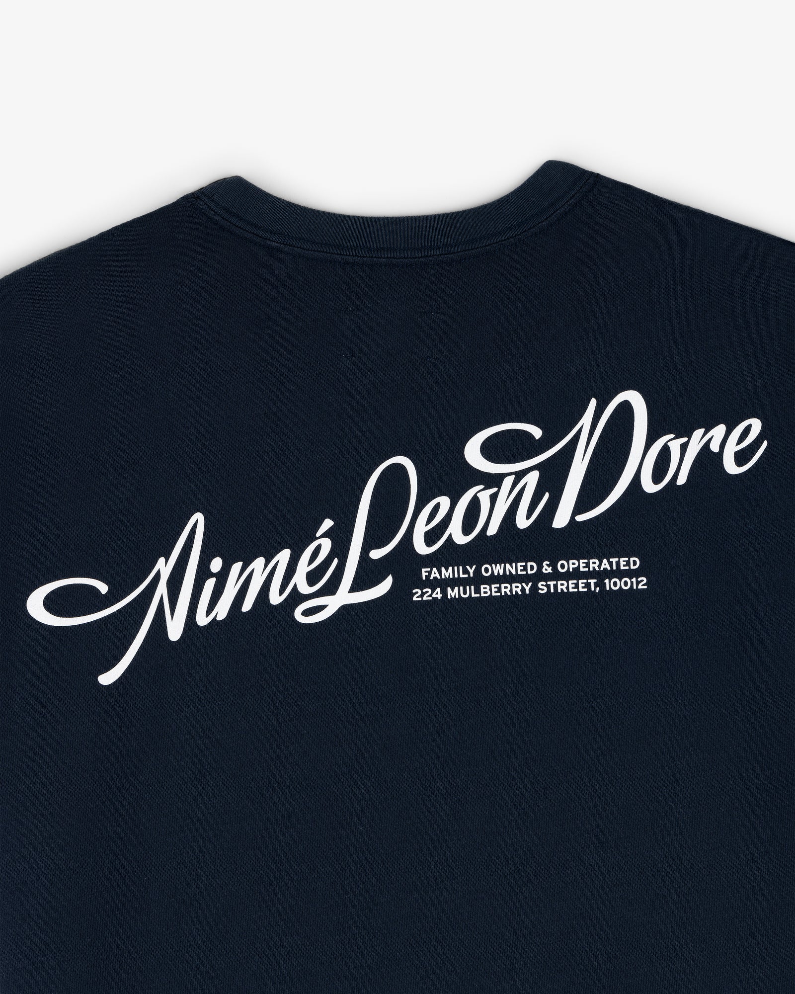 Navy Pappoús Logo Tee with Aimé Leon Dore script and "224 Mulberry Street, 10012" in white text.