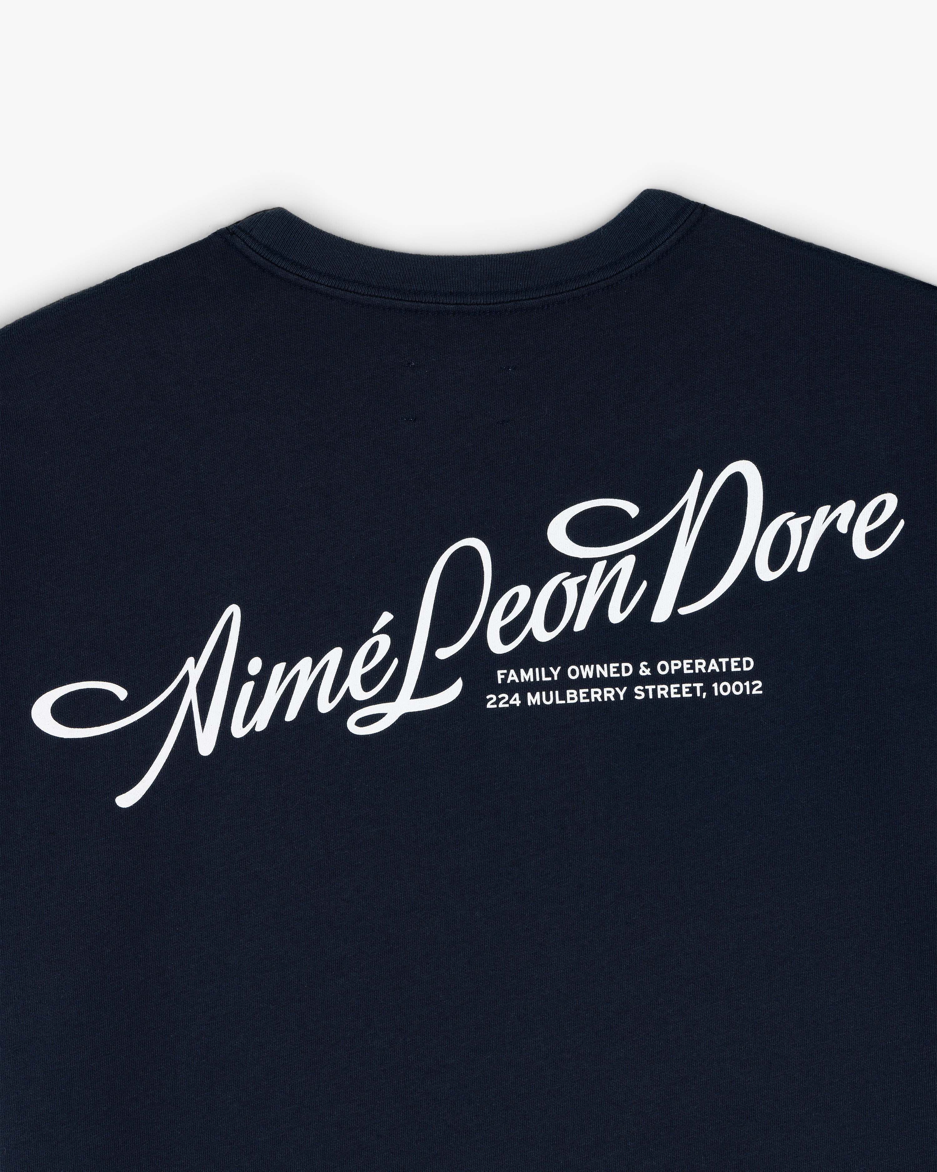 Navy Pappoús Logo Tee with Aimé Leon Dore script and "224 Mulberry Street, 10012" in white text.