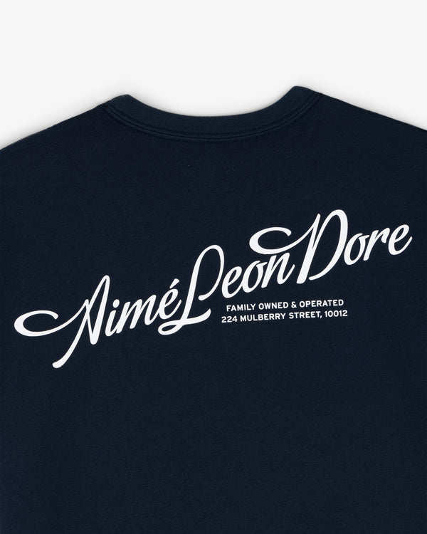 Navy Pappoús Logo Tee with Aimé Leon Dore script and "224 Mulberry Street, 10012" in white text.