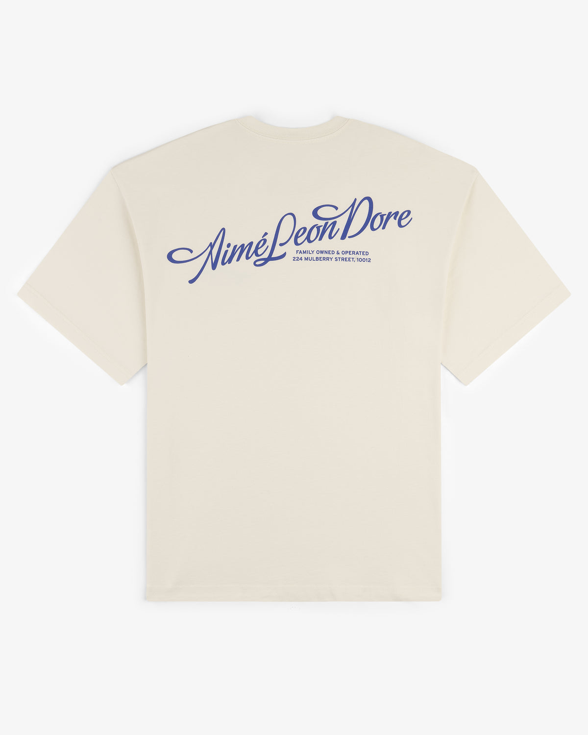 Beige Pappoús Logo Tee with Aimé Leon Dore logo and blue script text printed on the back near the shoulders.