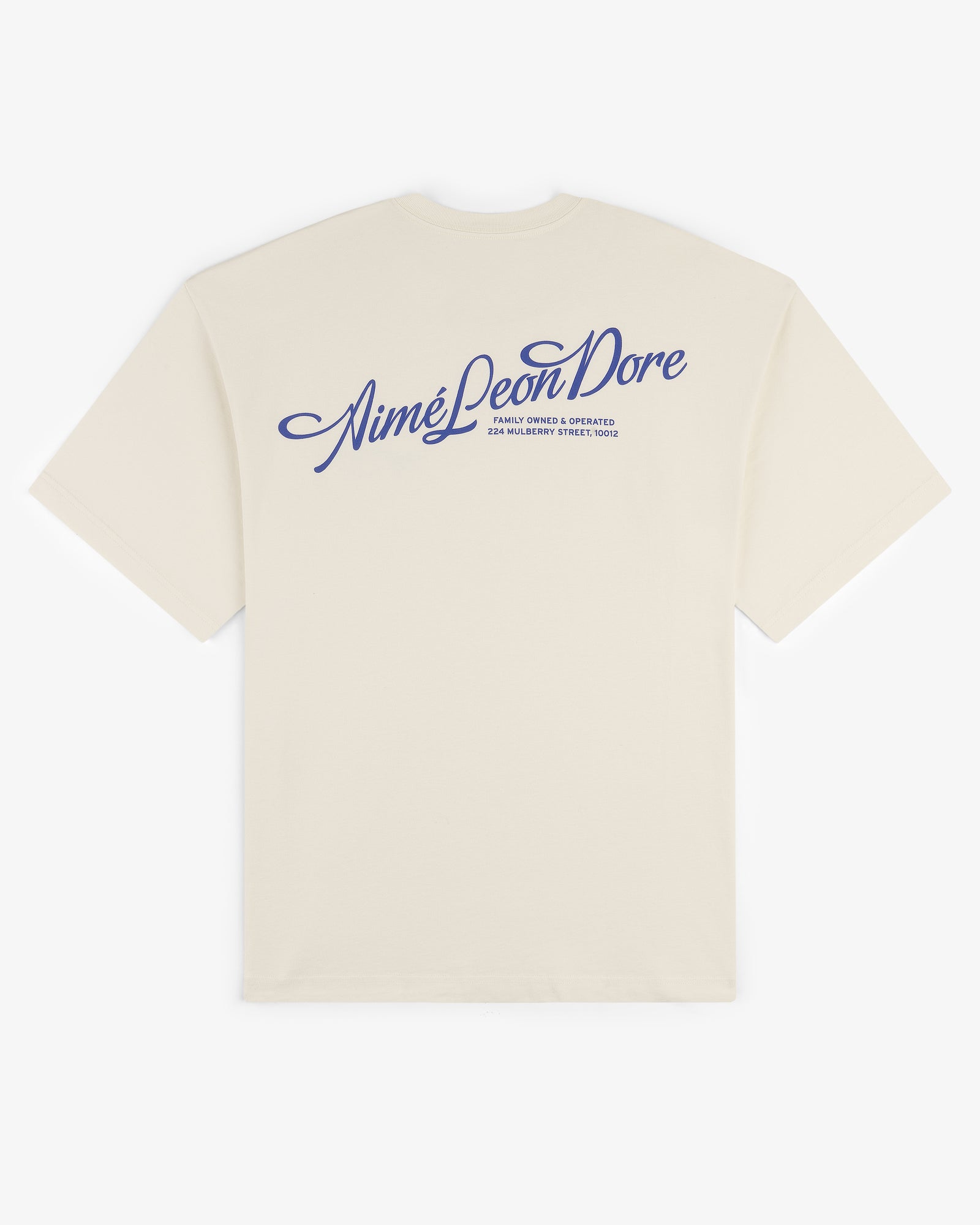 Beige Pappoús Logo Tee with Aimé Leon Dore logo and blue script text printed on the back near the shoulders.