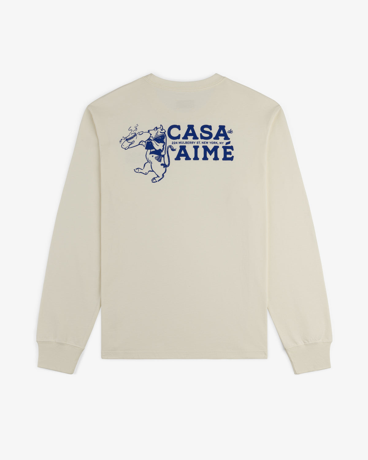Back of the Long-Sleeve Casa Tee in cream with blue “CASA AIME” text and a dancing figure graphic holding a drink.