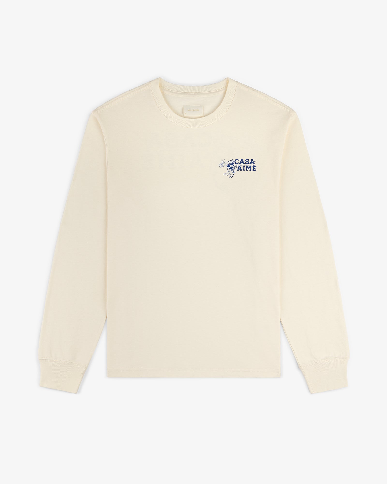 Cream-colored Long-Sleeve Casa Tee with small blue text and graphic on the upper left chest.