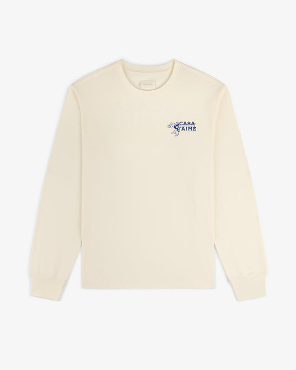 Cream-colored Long-Sleeve Casa Tee with small blue text and graphic on the upper left chest.