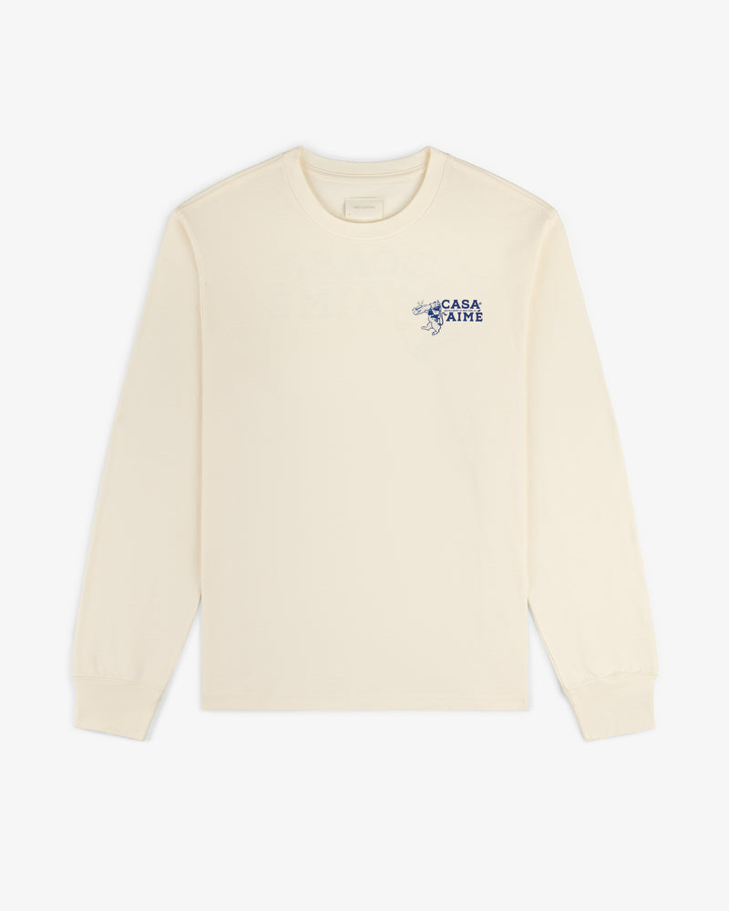 Cream-colored Long-Sleeve Casa Tee with small blue text and graphic on the upper left chest.