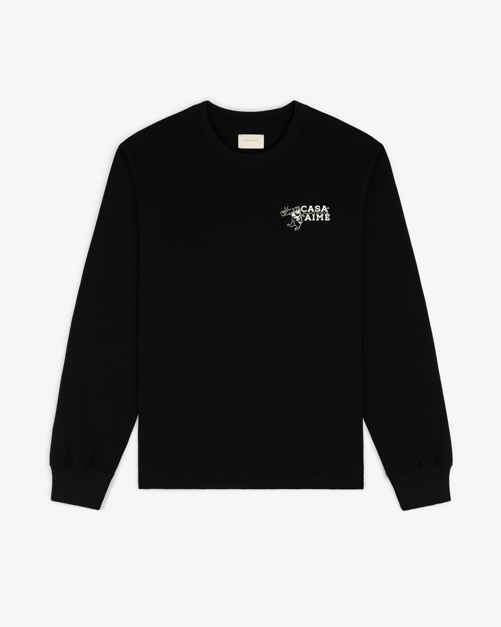 Black Long-Sleeve Casa Tee featuring small white CASA AMATØR text and graphic on the left chest.