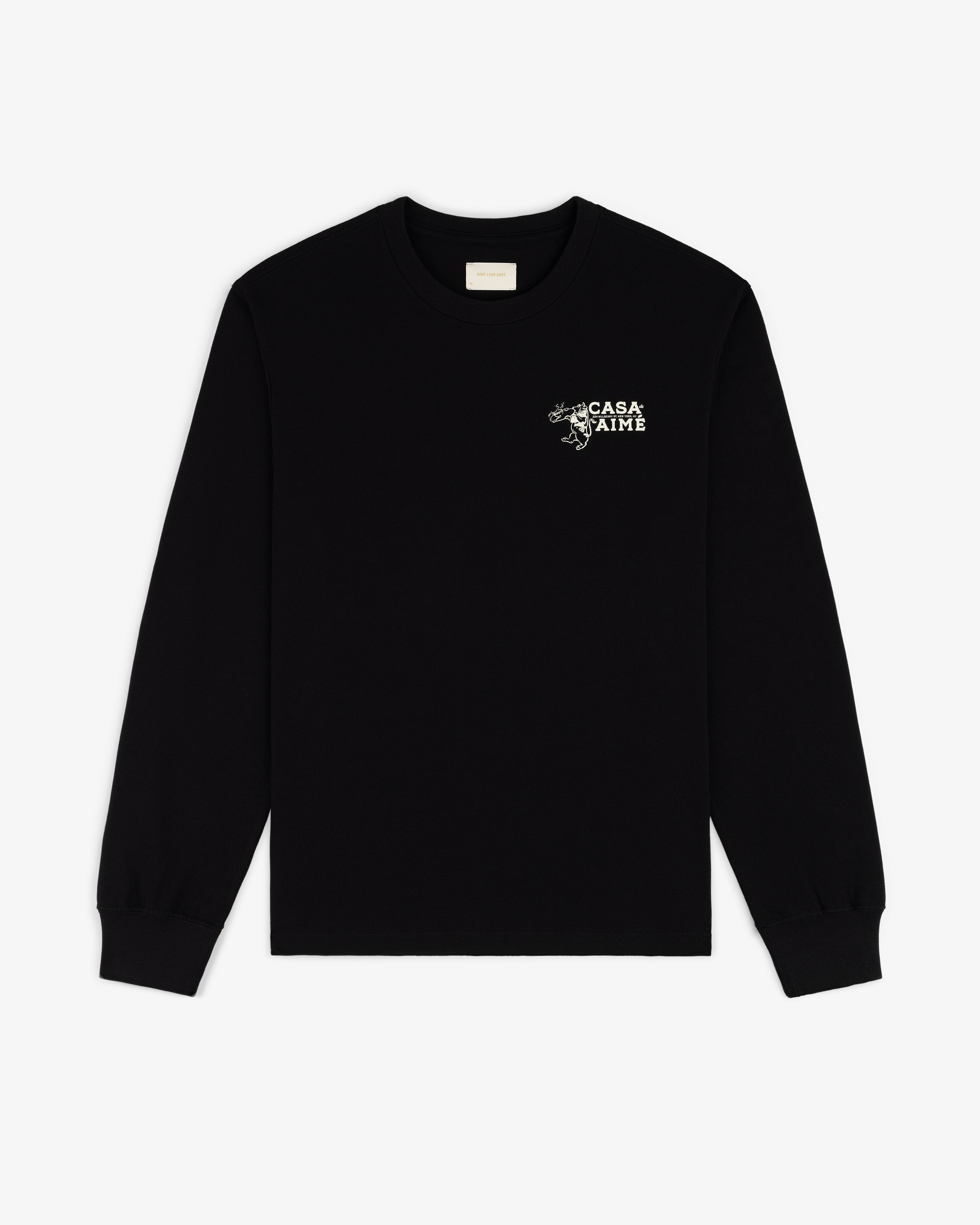Black Long-Sleeve Casa Tee featuring small white CASA AMATØR text and graphic on the left chest.