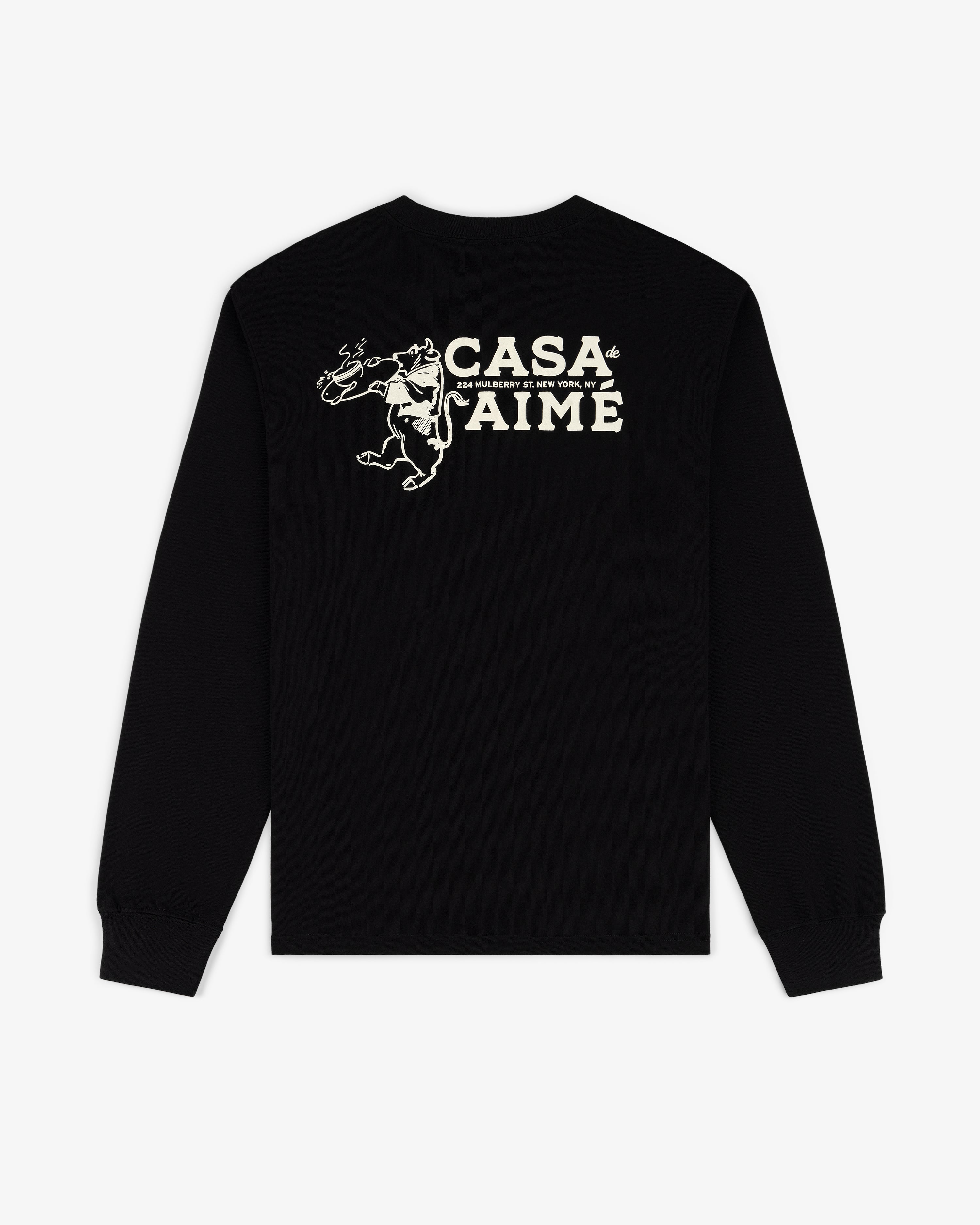 Long-sleeve Casa Tee with CASA J’AIME and a white dancing bear graphic printed on the back.