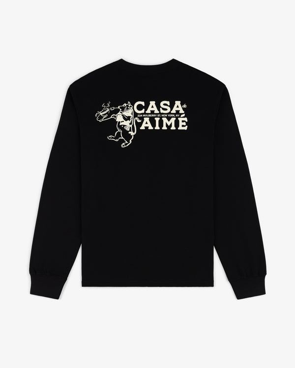 Long-sleeve Casa Tee with CASA J’AIME and a white dancing bear graphic printed on the back.