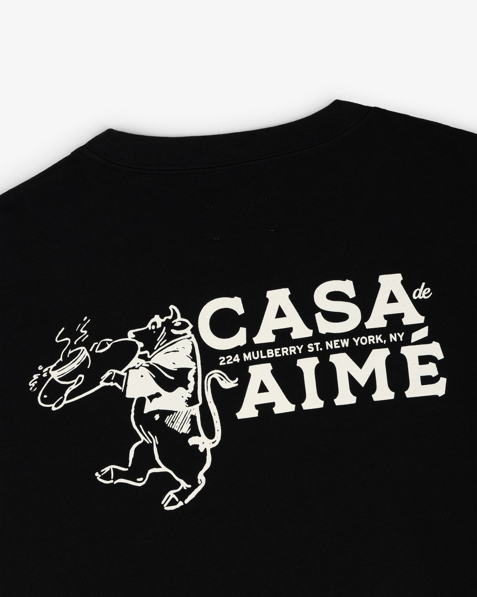 Long-sleeve Casa Tee with rat holding pizza graphic and "Casa de Aimé, 224 Mulberry St. New York, NY" text.