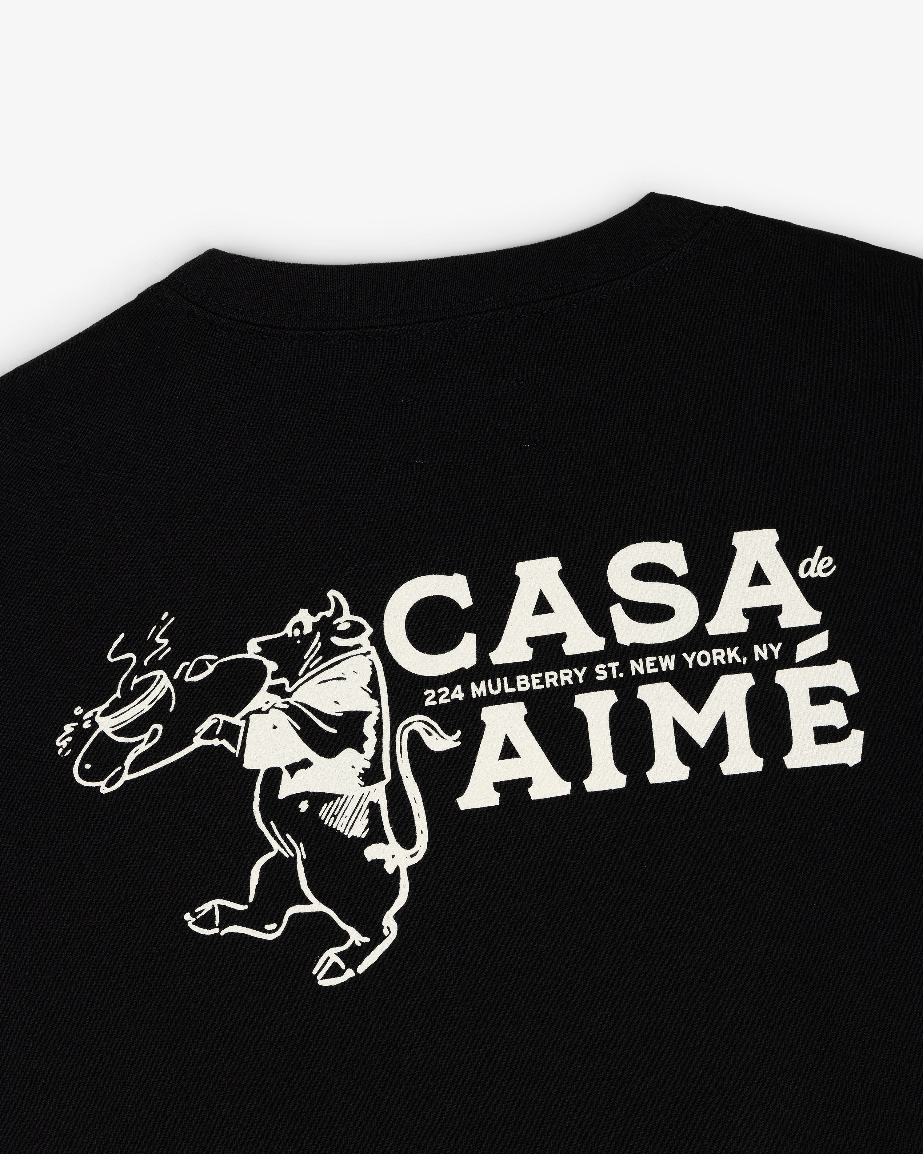 Long-sleeve Casa Tee with rat holding pizza graphic and "Casa de Aimé, 224 Mulberry St. New York, NY" text.
