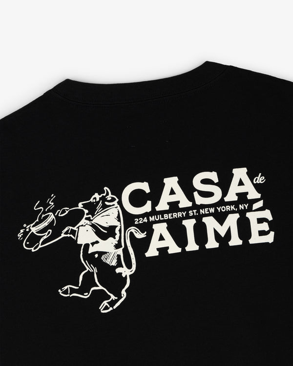 Long-sleeve Casa Tee with rat holding pizza graphic and "Casa de Aimé, 224 Mulberry St. New York, NY" text.