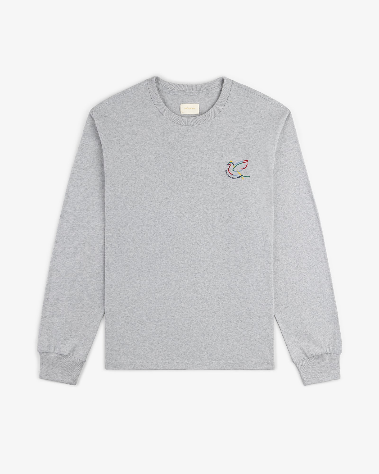 Long-Sleeve Souvenir Tee in gray with a colorful embroidered bird on the left chest.