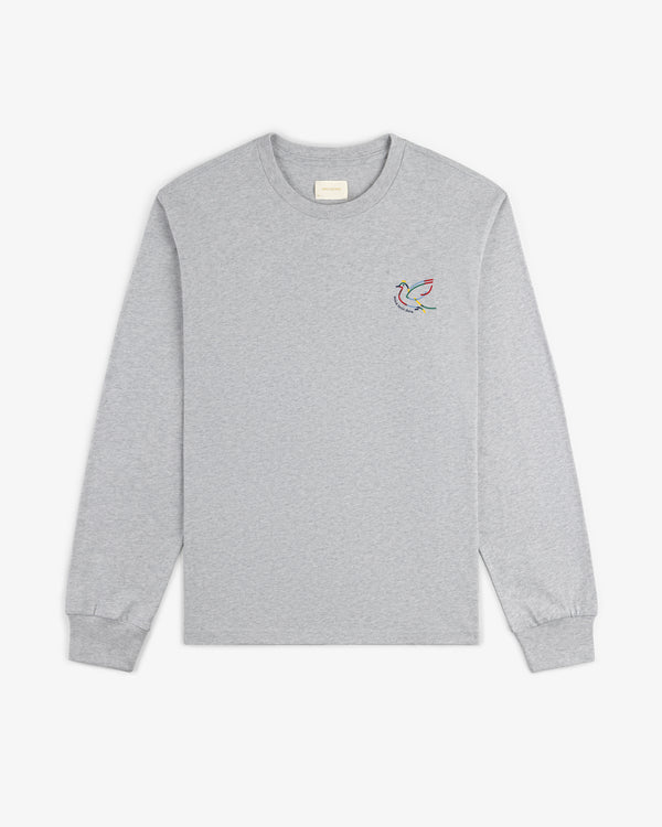 Long-Sleeve Souvenir Tee in gray with a colorful embroidered bird on the left chest.
