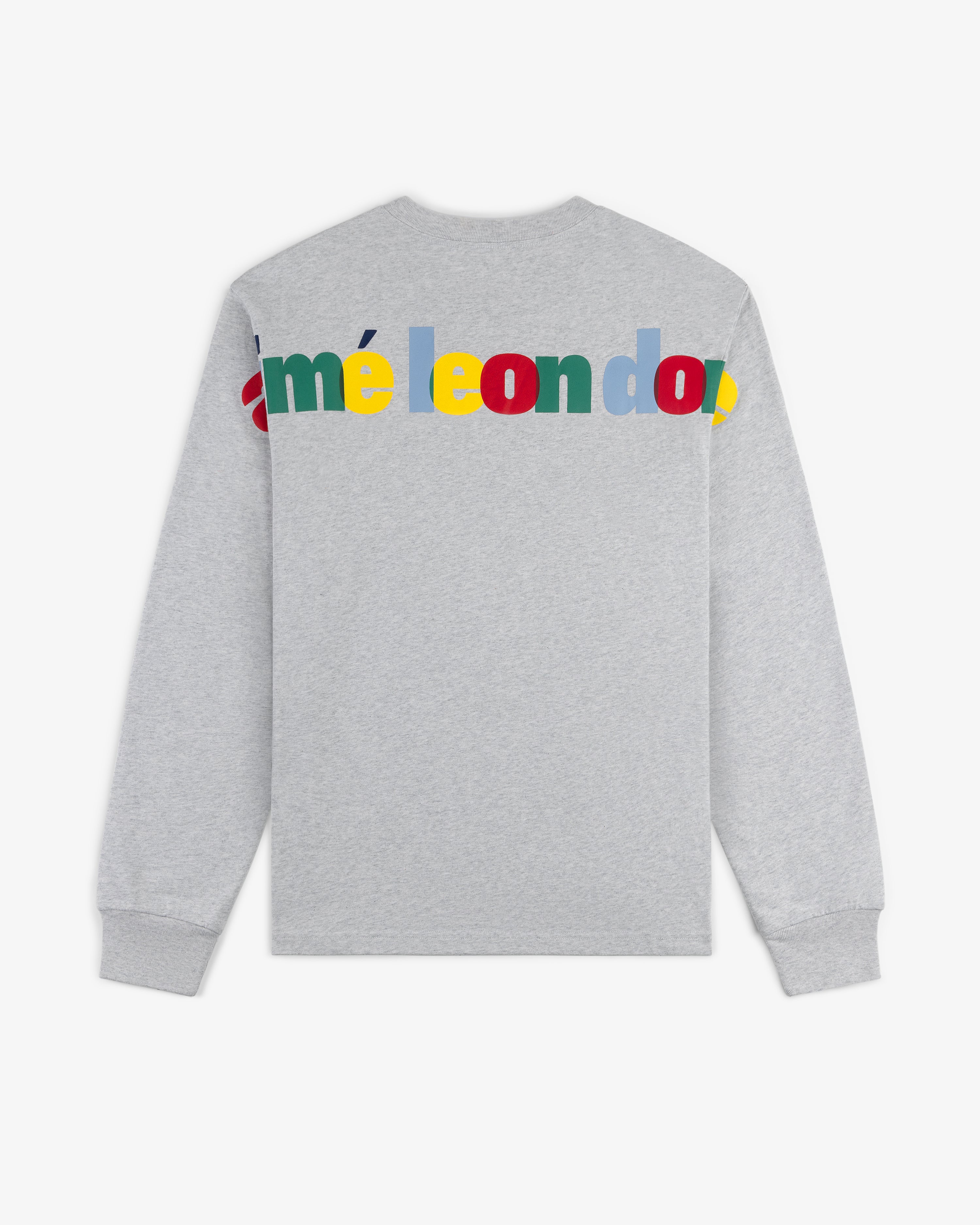 Gray Long-Sleeve Souvenir Tee with colorful "améleondo" lettering across the upper back.