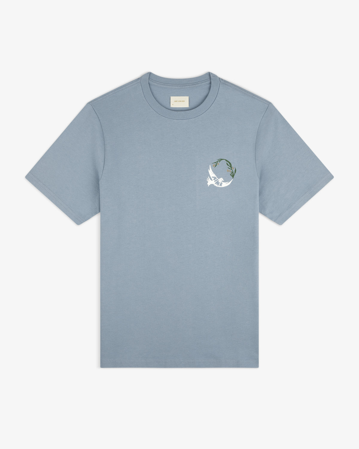 Woodblock Dove Tee: light blue short-sleeve featuring a small white bird and green leaves on the left chest.