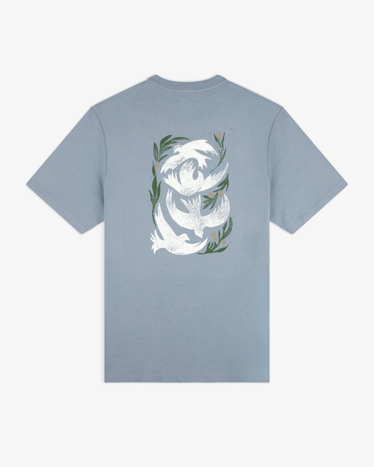 Woodblock Dove Tee in light blue with a white bird and green leaf graphic on the back.
