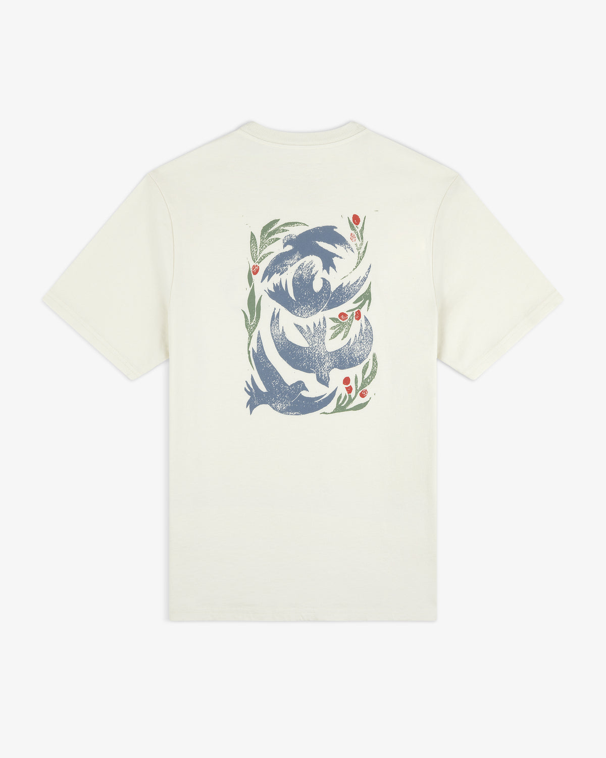 Woodblock Dove Tee: White tee with blue birds and green leaves with red berries in a circular pattern on the back.
