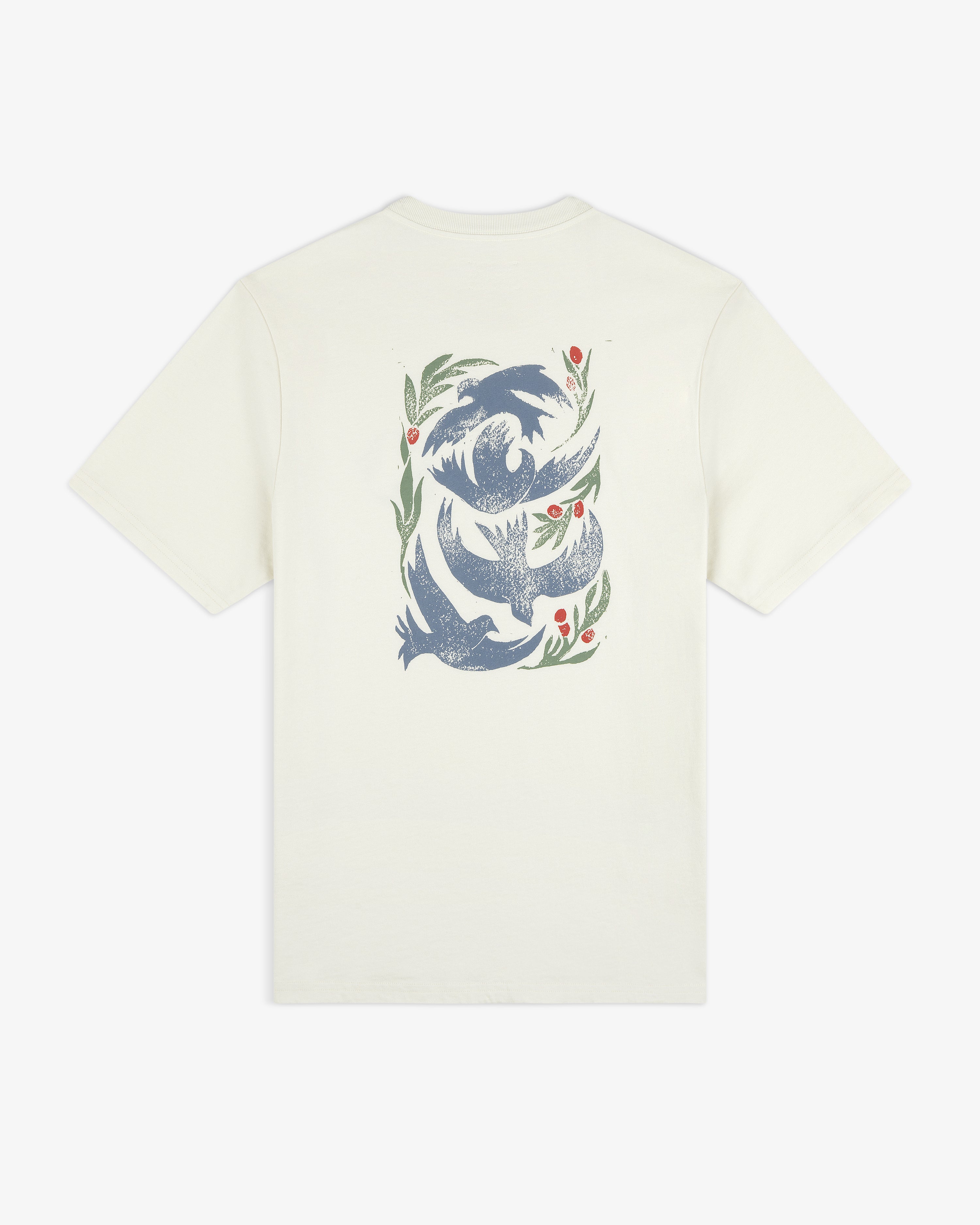 Woodblock Dove Tee: White tee with blue birds and green leaves with red berries in a circular pattern on the back.