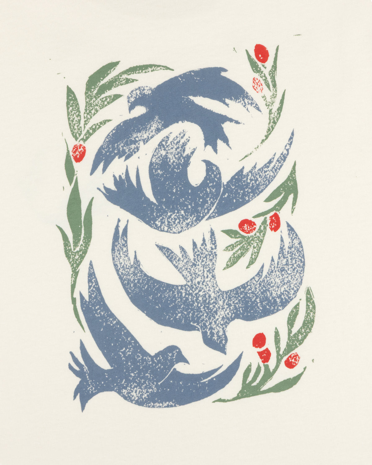 Blue doves and green leaves with red berries decorate the cream Woodblock Dove Tee.