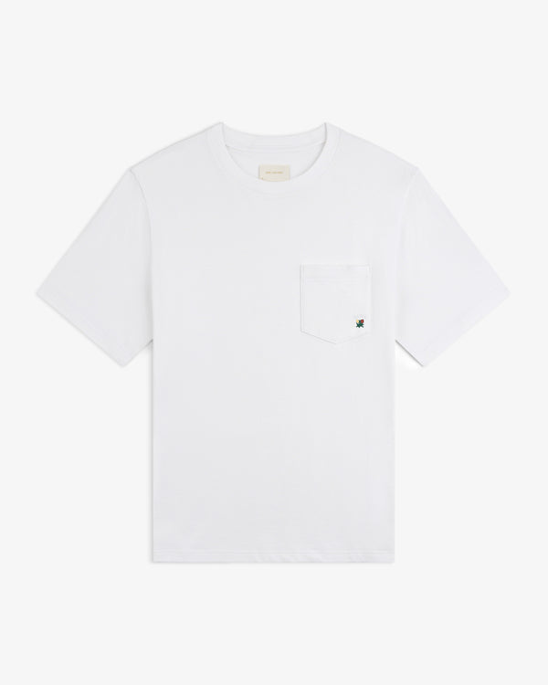 Crest Pocket Tee: White short-sleeve shirt with chest pocket and subtle embroidered detail.
