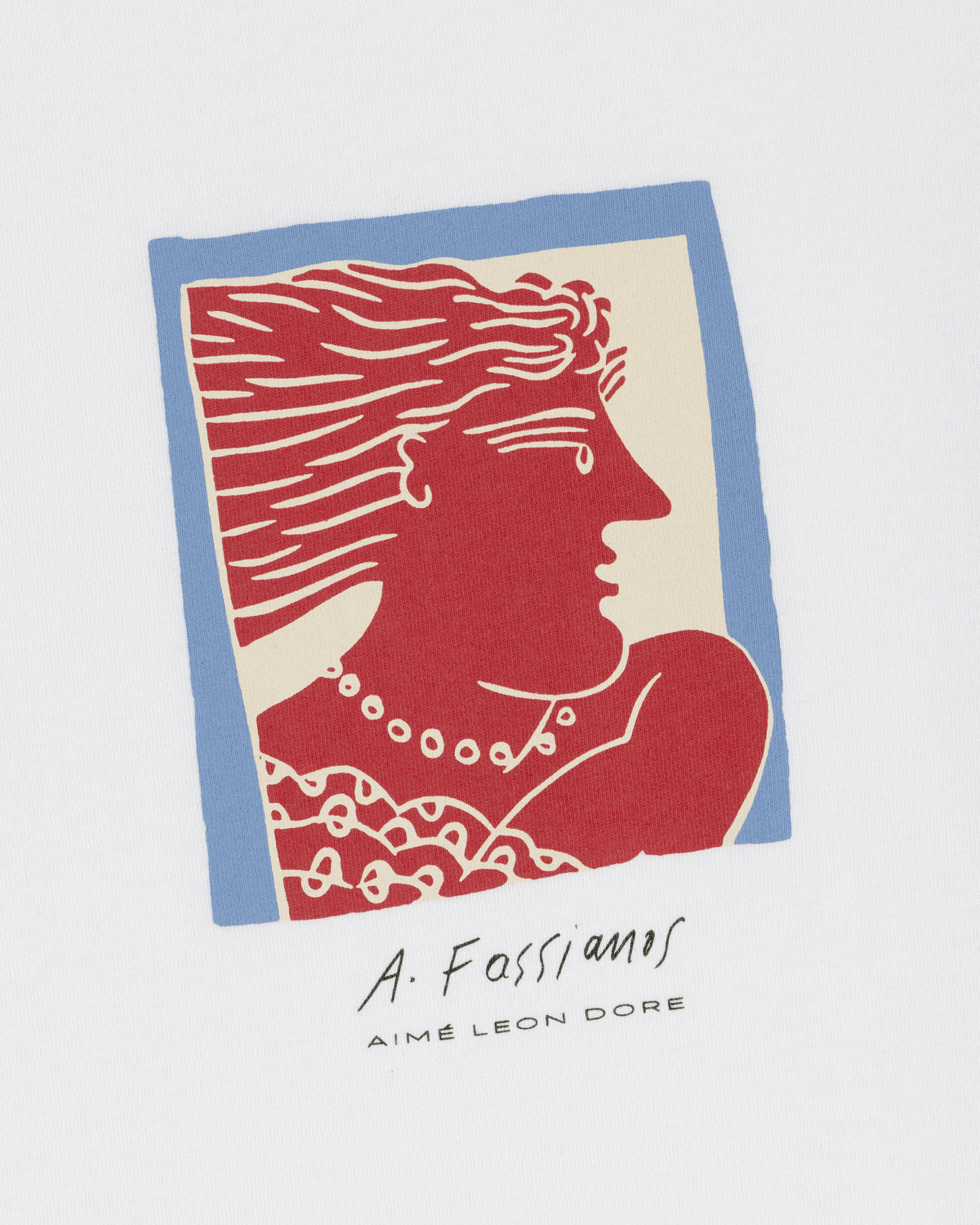 Fassianos Portrait Tee: features a red-faced figure with flowing hair, pearls, and abstract design by A. Fassianos.