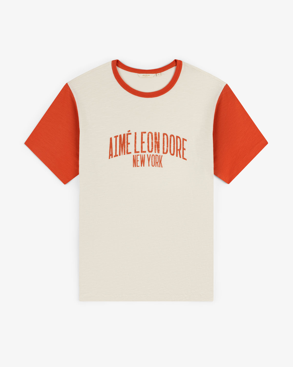 Washed Ringer Tee: cream with red sleeves, Aimé Leon Dore New York printed in red on the front.