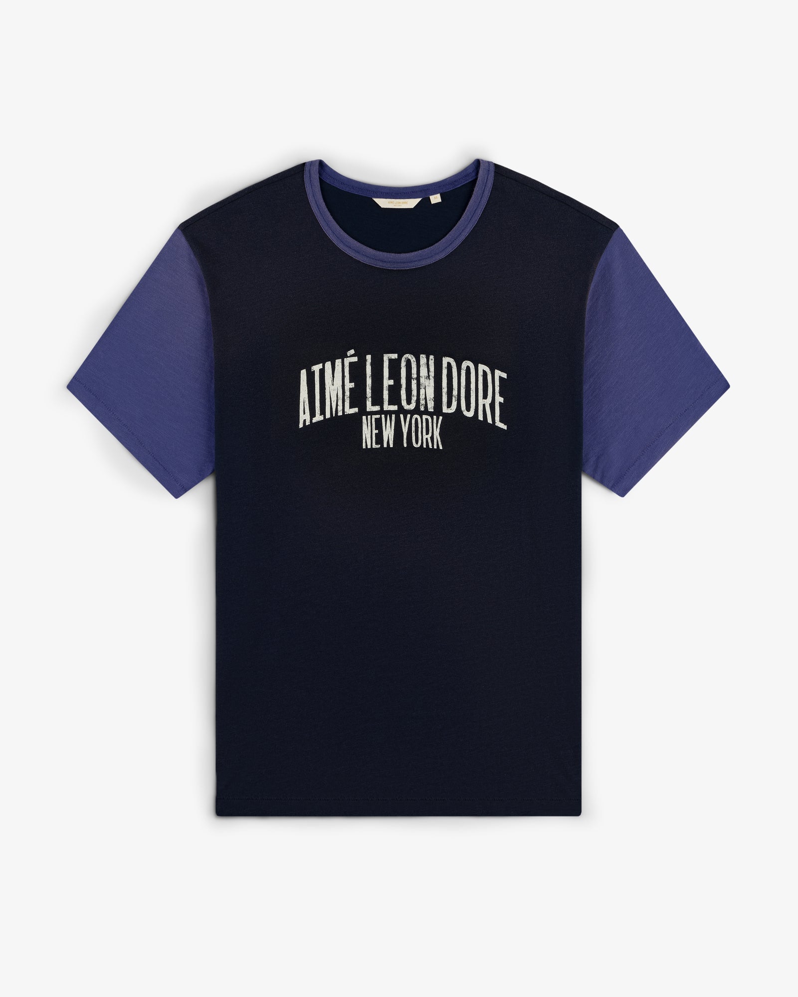 Washed Ringer Tee with dark body, blue sleeves, and AIMÉ LEON DORE NEW YORK text on the front.