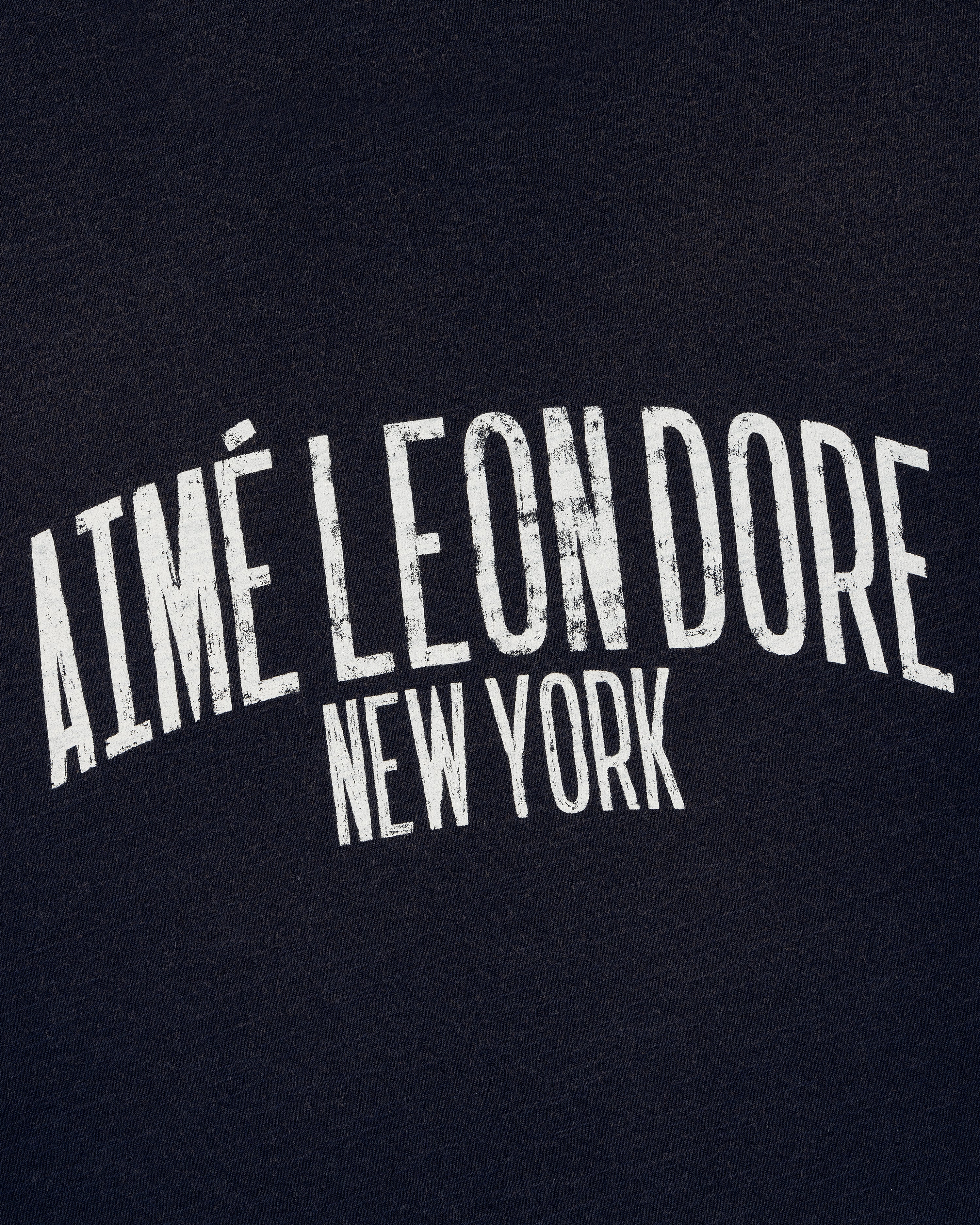 White, distressed "AIMÉ LEON DORE NEW YORK" text on the Washed Ringer Tee's dark fabric background.