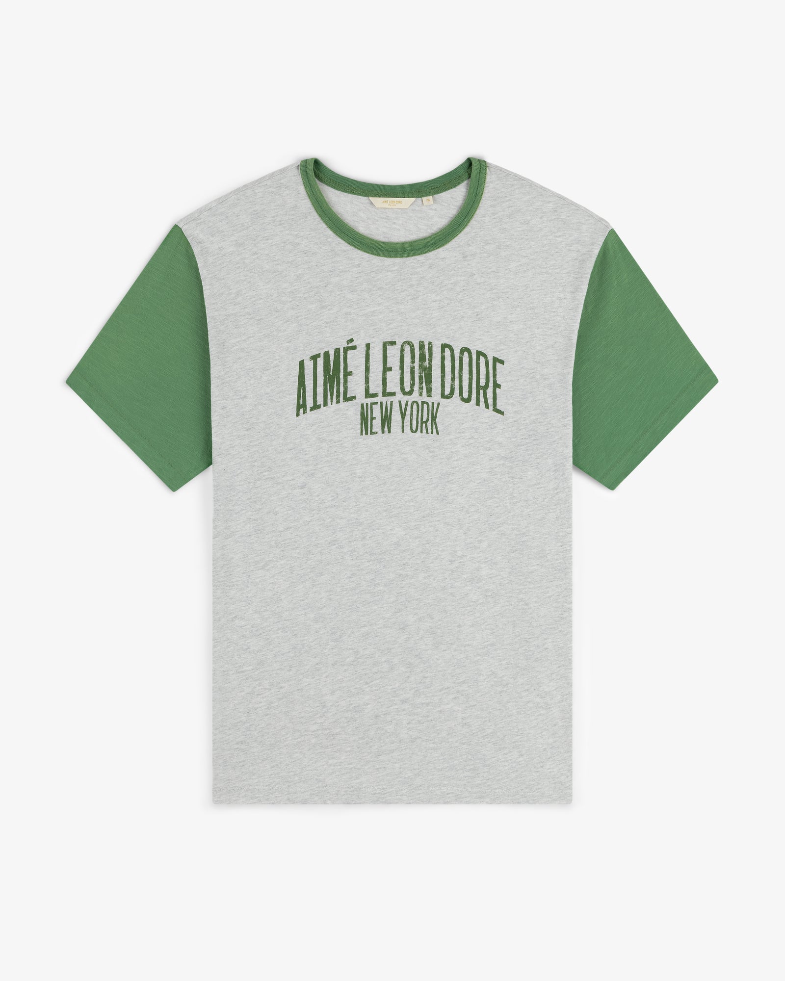 Washed Ringer Tee in gray with green sleeves and AIMÉ LEON DORE NEW YORK printed in green on the front.