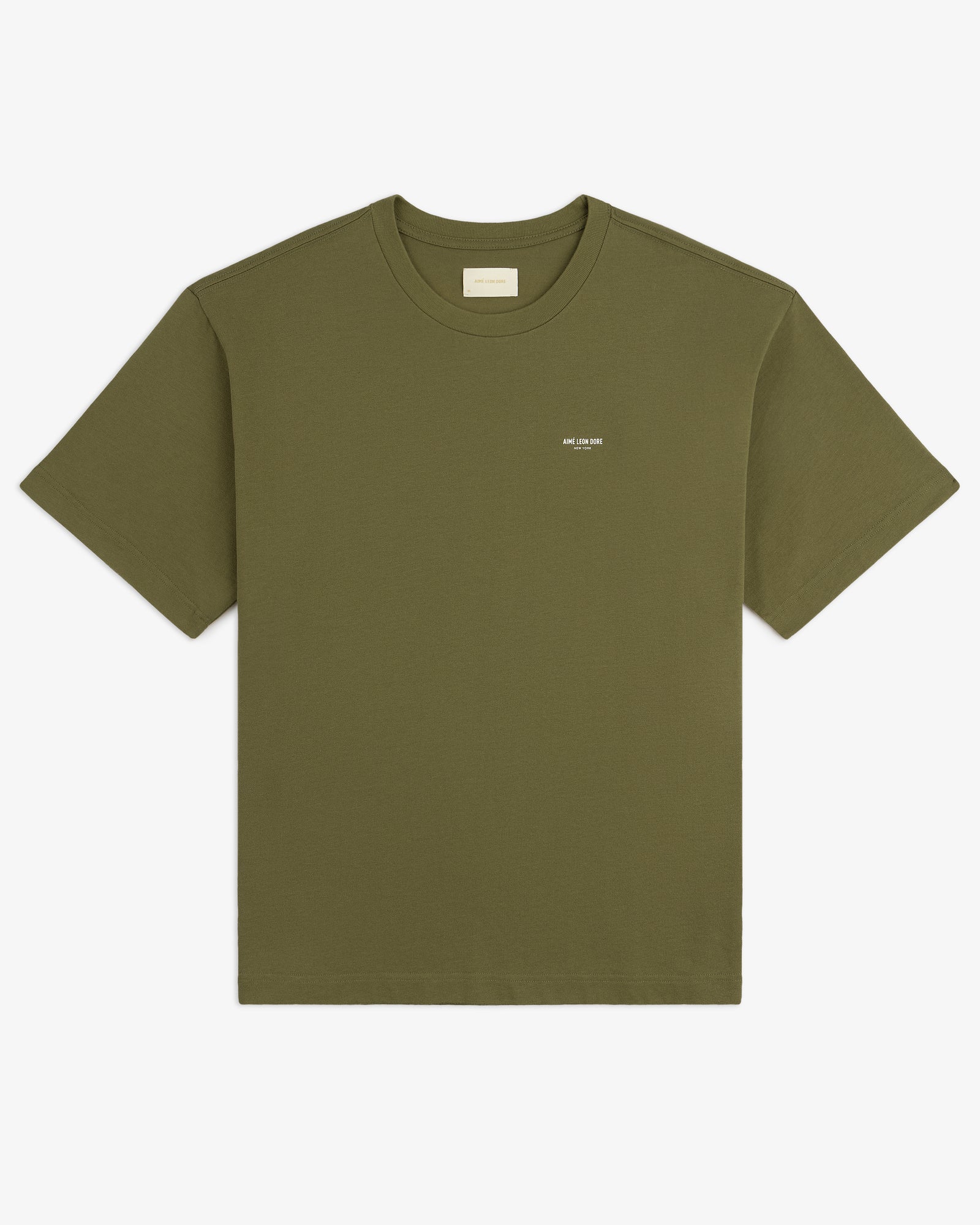 Safari Tee in olive green with short sleeves and a small white logo on the left chest, shown on a white background.