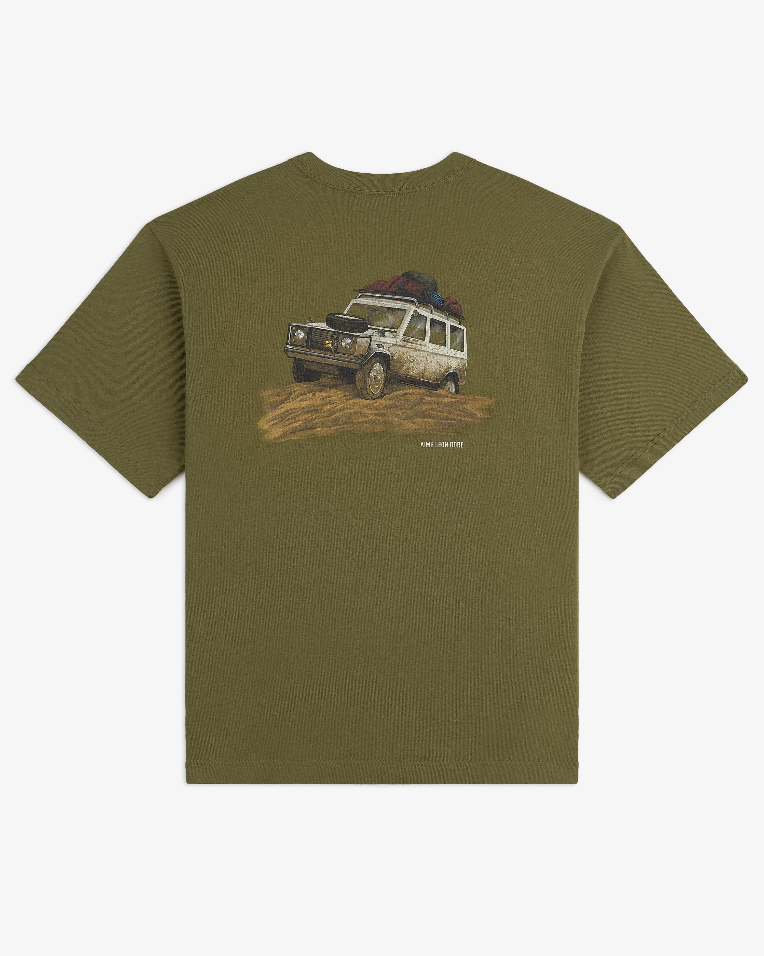 Safari Tee: Olive green t-shirt with a white off-road vehicle graphic carrying gear on its roof.