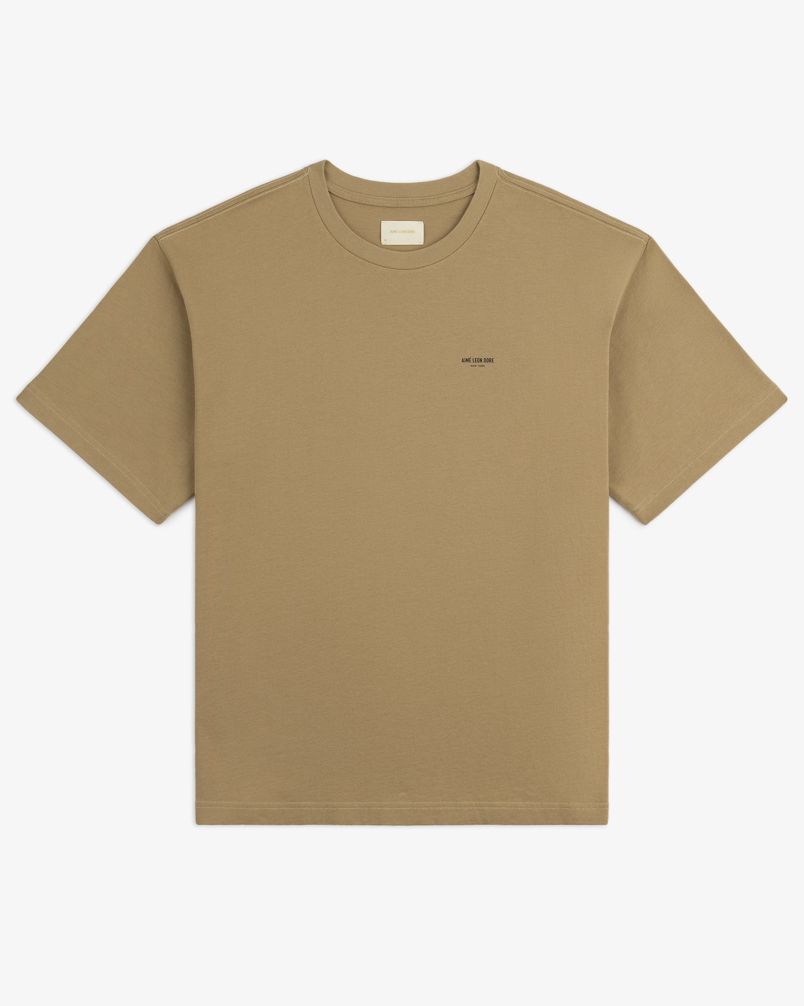 Safari Tee in plain khaki, short sleeves, small black text logo on chest, displayed flat on white background.