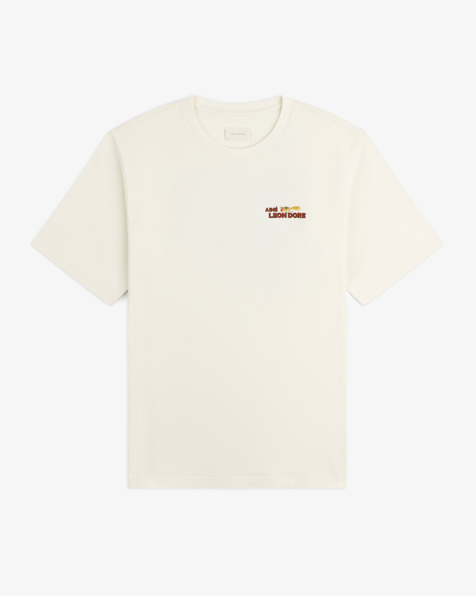 Off-white Catch & Release Tee with small red and gold Aimé Leon Dore logo on the left chest.