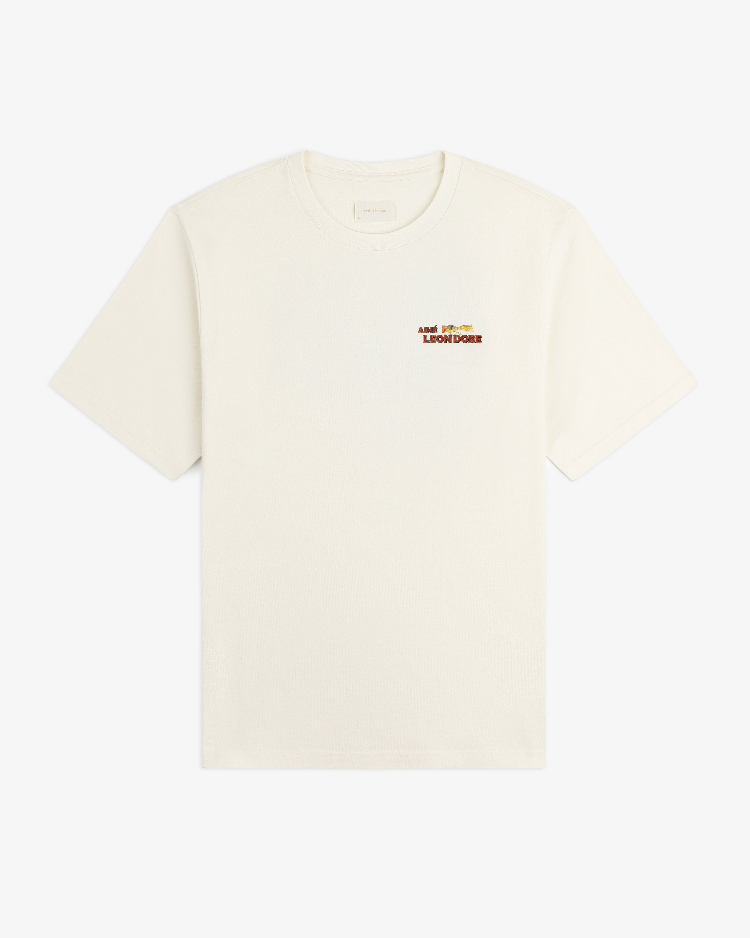 Off-white Catch & Release Tee with small red and gold Aimé Leon Dore logo on the left chest.