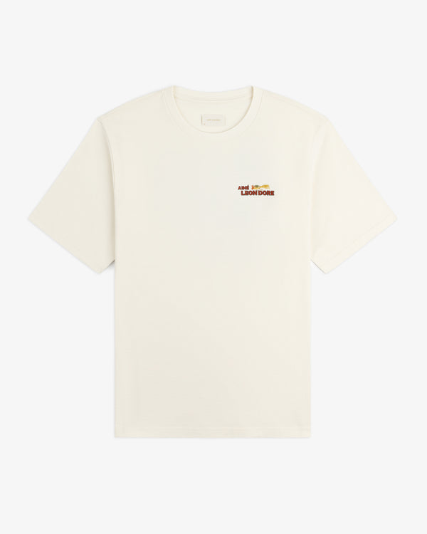 Off-white Catch & Release Tee with small red and gold Aimé Leon Dore logo on the left chest.
