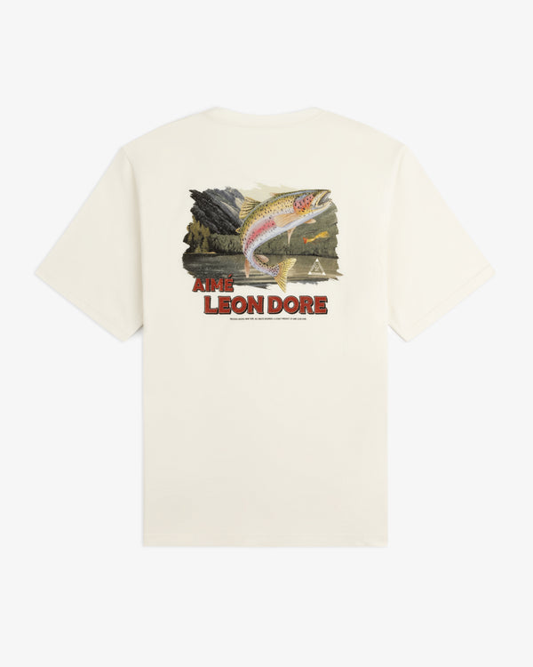 Off-white Catch & Release Tee with large fish graphic, scenery, and Aimé Leon Dore text on the back.