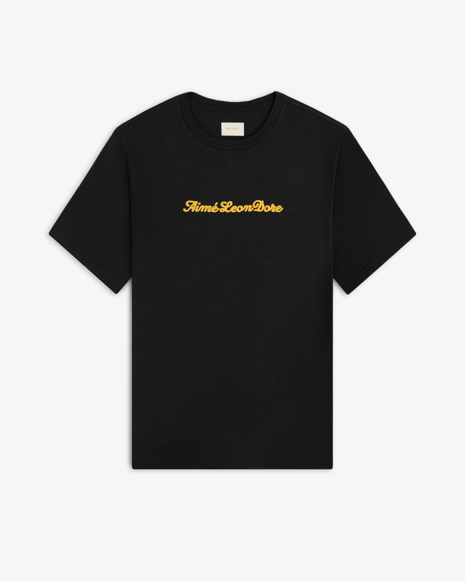 Black Puff Print Slub Logo Tee with Aimé Leon Dore in yellow cursive text across the chest.
