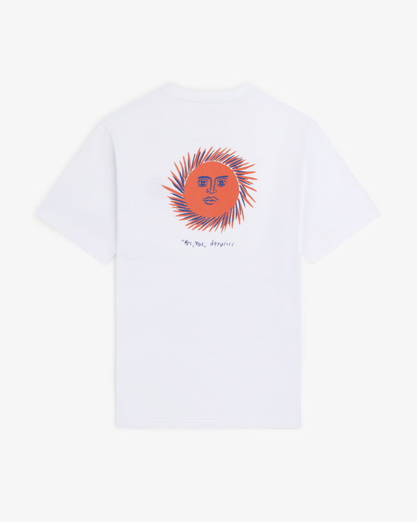 Fassianos "Sovereign Sun" Tee: white shirt with large orange sun face and "No sun, anyway" text on the back.